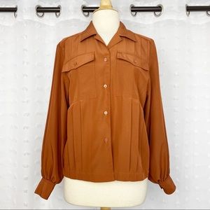 Vintage 80s rust brown pleat front blouse M